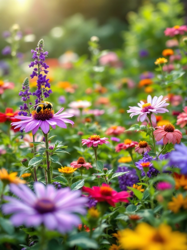 Vibrant flower bed with coneflowers, bee balm, and zinnias, designed to attract and support pollinators.