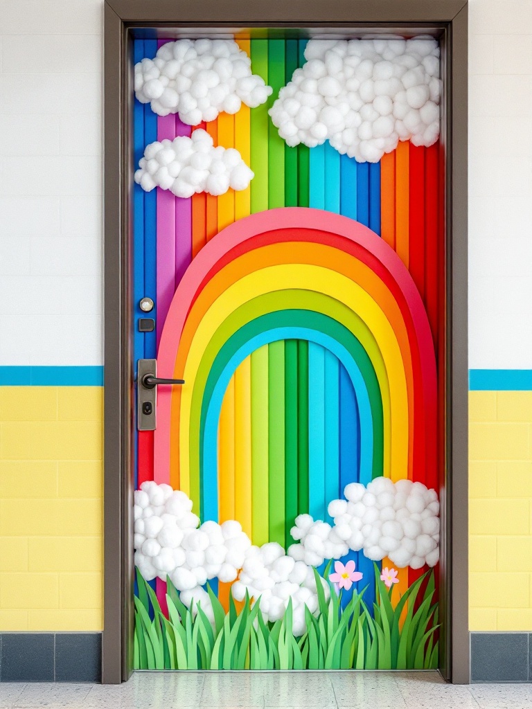 Colorful paper strips arranged in a rainbow pattern on a door, accented by fluffy cotton ball clouds.