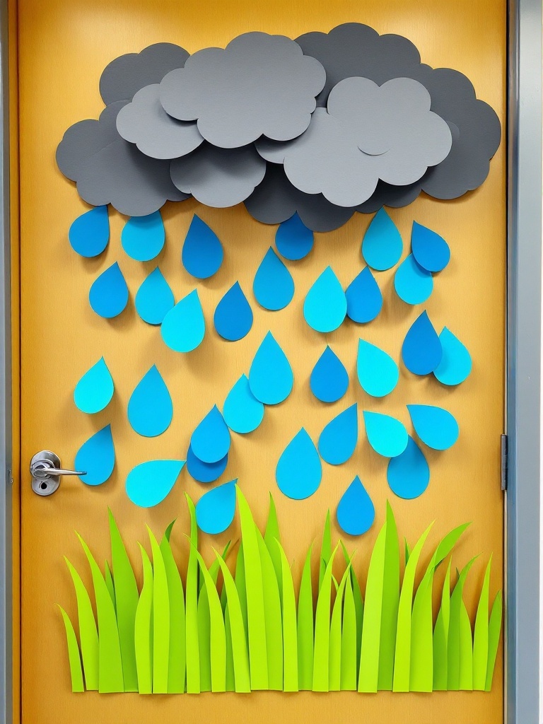 Colorful spring door display with blue raindrops, gray clouds, and a cheerful umbrella, featuring names.