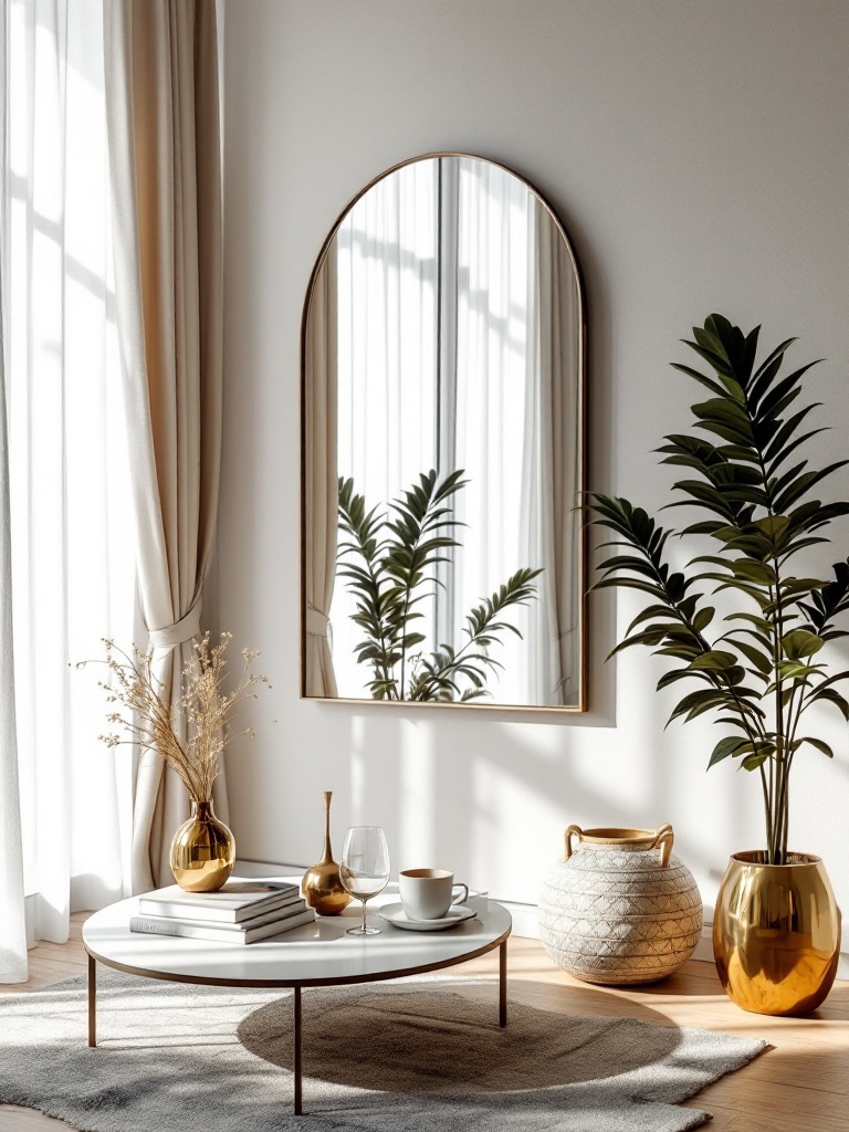 A bright apartment with mirrors reflecting light, enhancing space and decor with glass furniture accents.