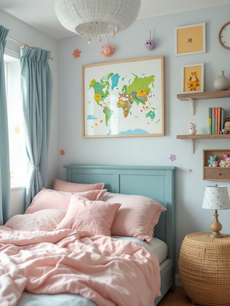 A cozy bedroom decorated with nostalgic elements, playful colors, and childhood characters for comfort.