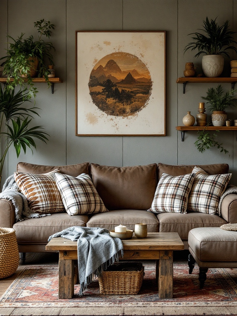 Rustic living room with sectional sofa, distressed leather, wooden accents, throw blanket, and plaid cushions.