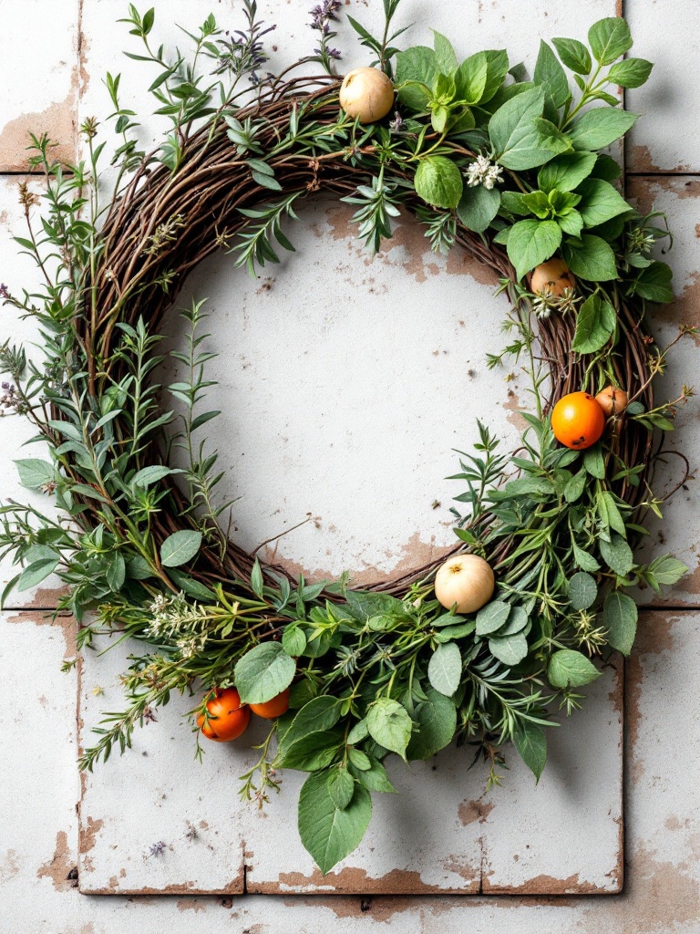 Rustic herb wreath made with rosemary, thyme, and sage, adding earthy decor and inviting aromas.