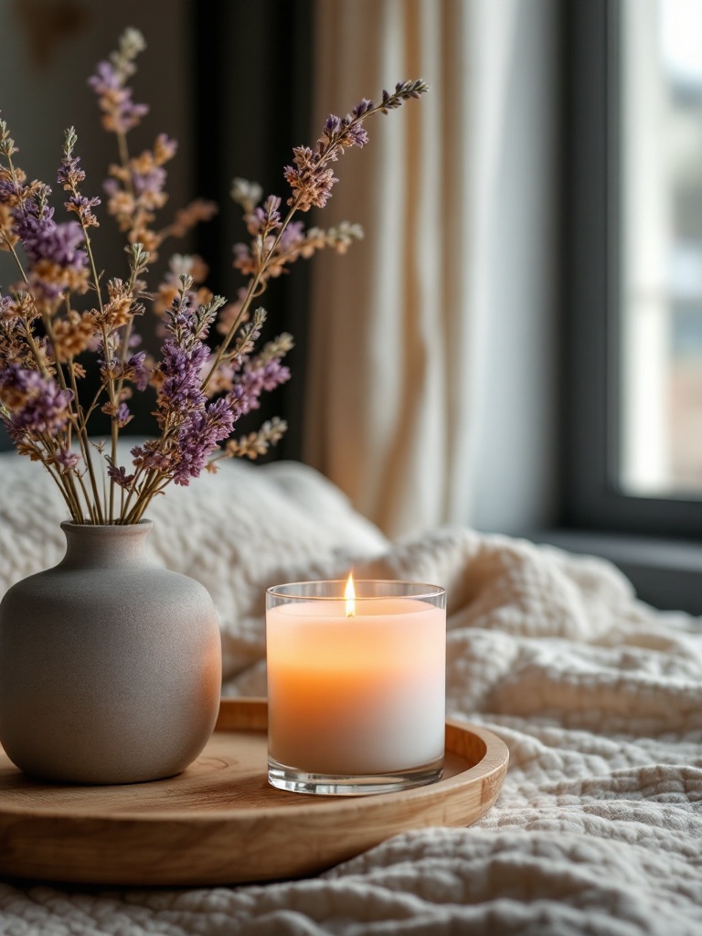 A cozy bedroom with essential oil diffuser, candles, and calming scents for a warm, tranquil atmosphere.