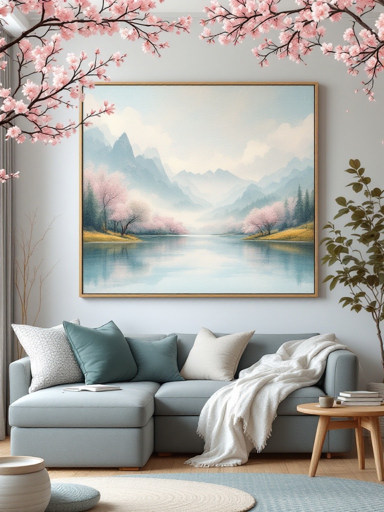 Bright spring artwork featuring blooming landscapes and nature patterns, enhancing a fresh home vibe.