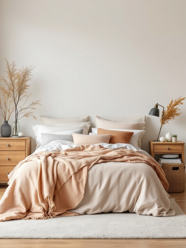 Seasonal bedroom refresh with new bedding and decor in warm fall tones and soft spring pastels.