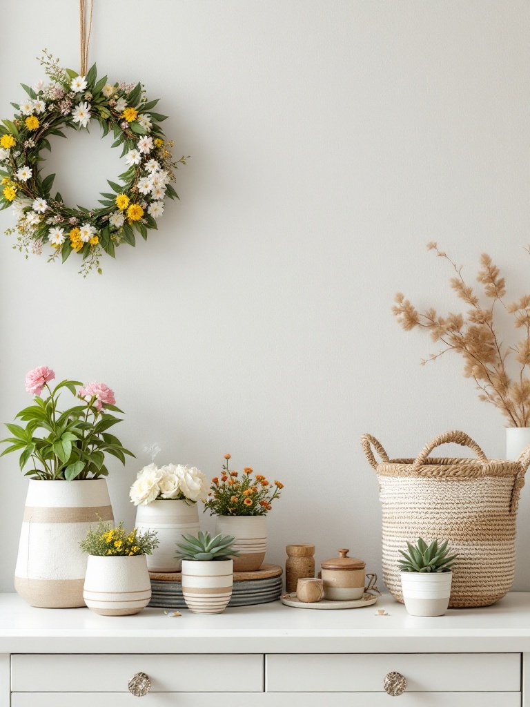 Colorful spring crafts, including flower wreaths and painted pots, enhancing a cozy seasonal aesthetic.
