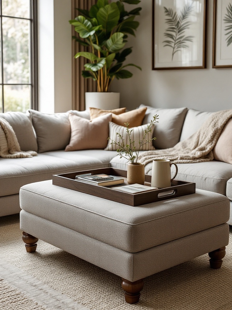 A cozy living room with a sectional sofa and matching ottoman used as a coffee table with drinks.