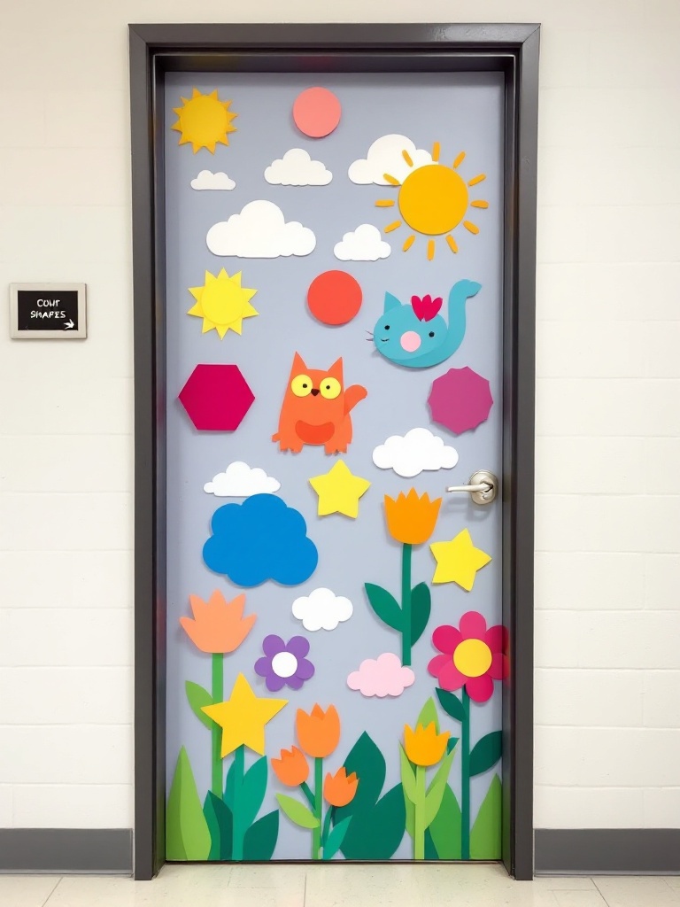 A colorful door display featuring animals, flowers, clouds, and sun, all made from basic shapes.