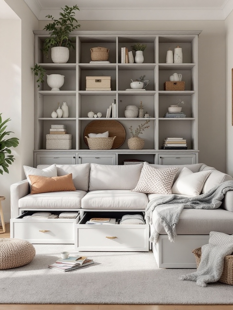 Cozy sectional living room with built-in storage, decorative boxes, and a clutter-free design.