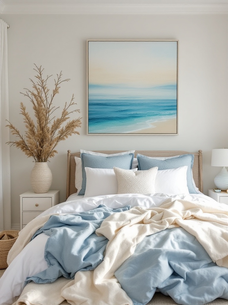 Soft beach-inspired bedroom with blue, white, and sandy beige tones, light bedding, and natural decor.