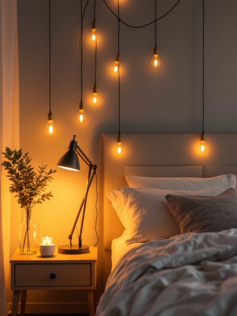 Cozy bedroom with soft lighting from lamps and string lights creating a warm, inviting atmosphere.