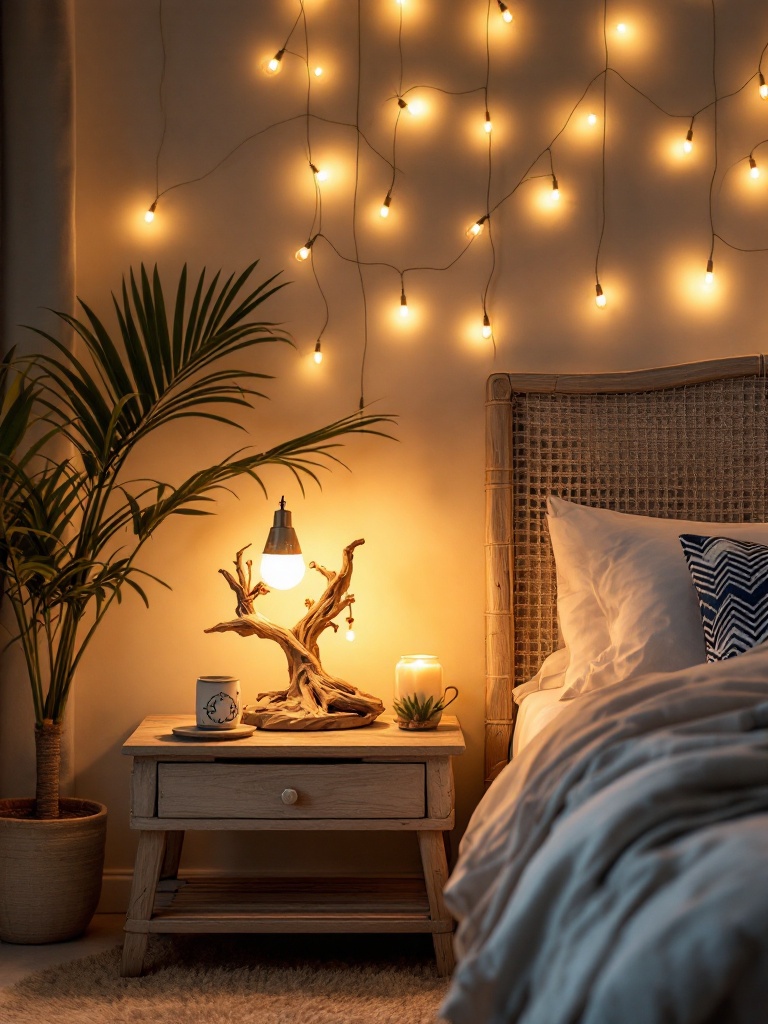 Bedside lamps with warm lighting, driftwood bases, glass wave details, and enchanting string lights.