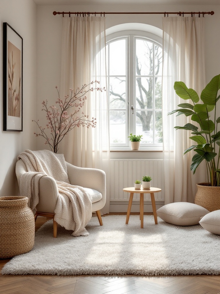 Cozy living area with soft, lightweight rugs enhancing warmth and comfort for spring's fluctuating temperatures.