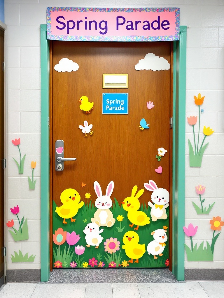 Colorful parade of spring animals, including bunnies, chicks, and lambs, on a classroom door.