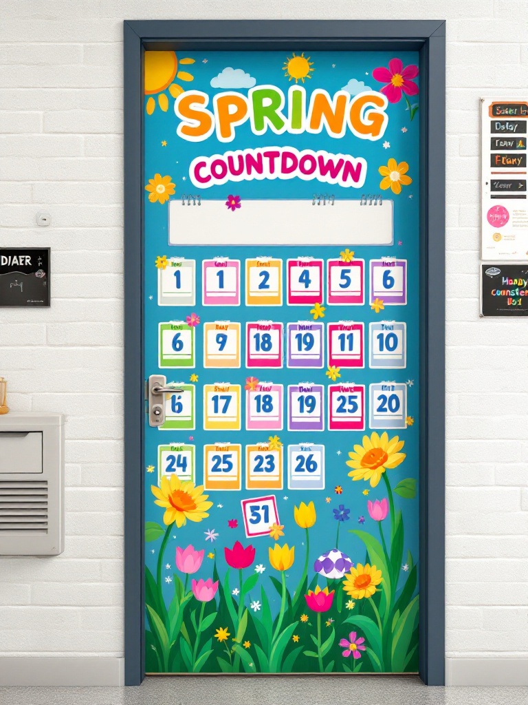 Colorful spring countdown door display with students marking off days to a special event or trip.