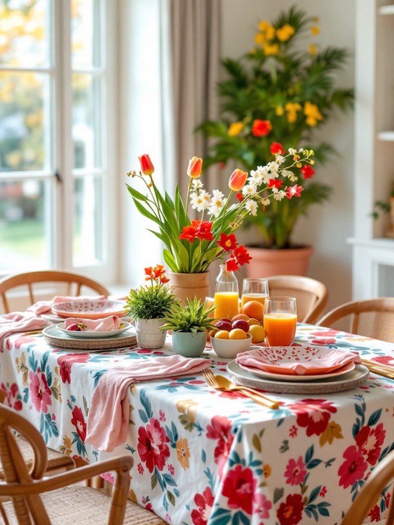 Spring-themed dining table with floral tablecloth, vibrant dinnerware, decorative napkins, and centerpieces.
