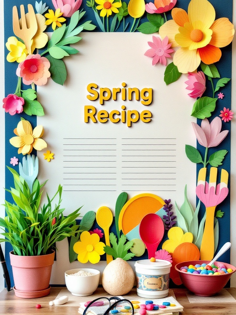 Colorful spring recipe board with ingredients for a successful school year shaped like cooking items.