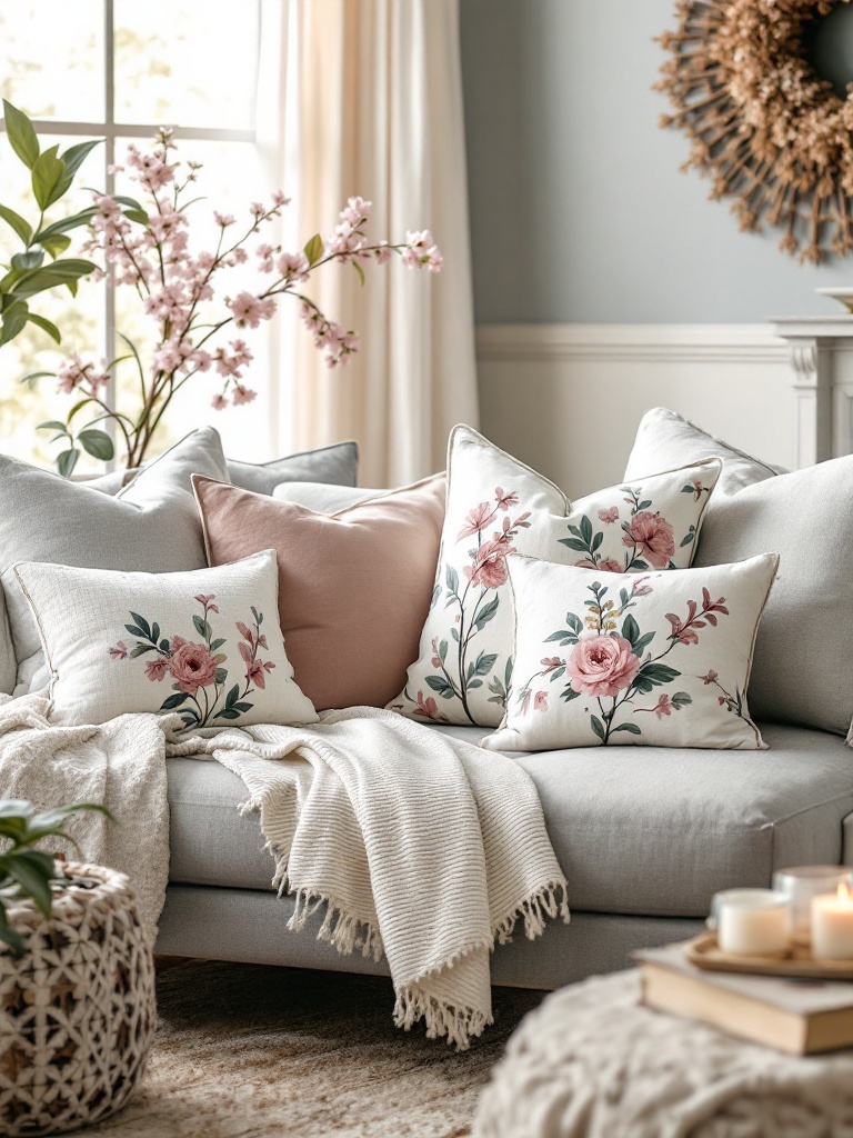 A cozy living room with spring-themed throw pillows featuring floral designs and soft hues on a couch.