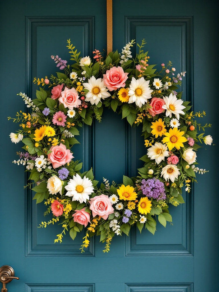 A colorful spring wreath made of faux flowers and greenery hanging on a front door.