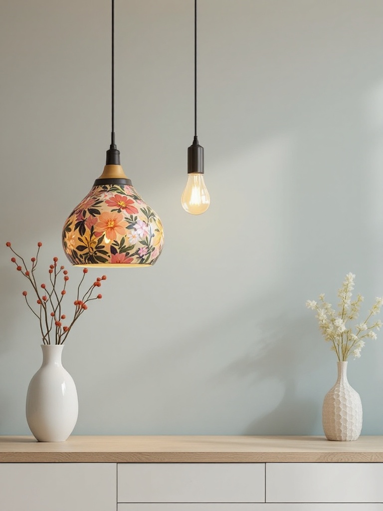 Bright, floral pendant lights and decorative lamps enhance spring decor with color and cozy warmth.
