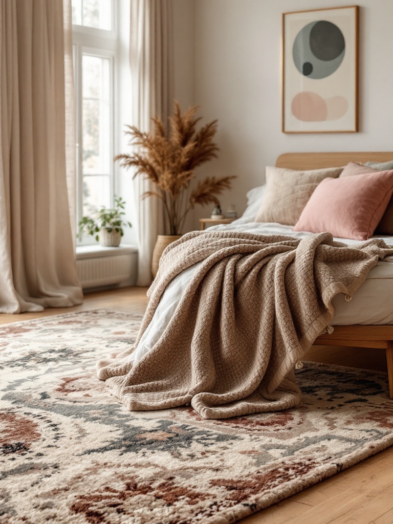 A cozy bedroom featuring a soft area rug with warm colors, adding comfort and inviting patterns.
