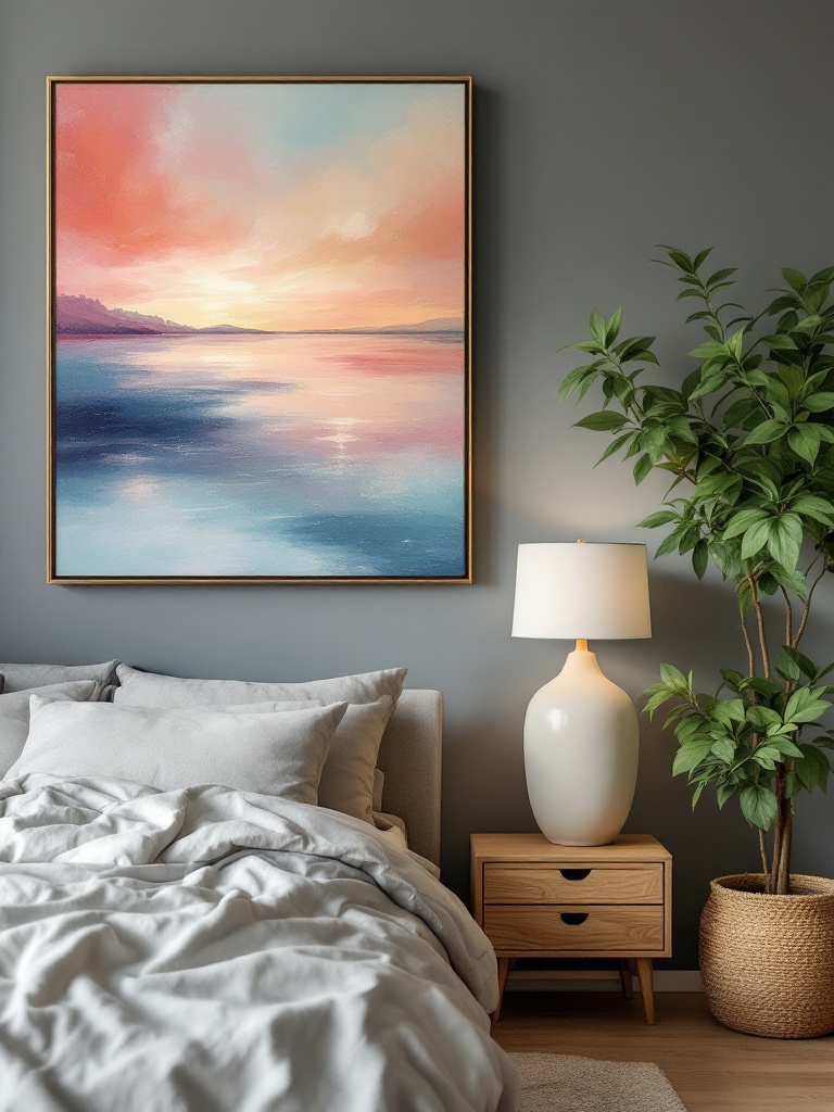 A beautifully decorated bedroom featuring unique artwork and a curated gallery wall for personal touch.