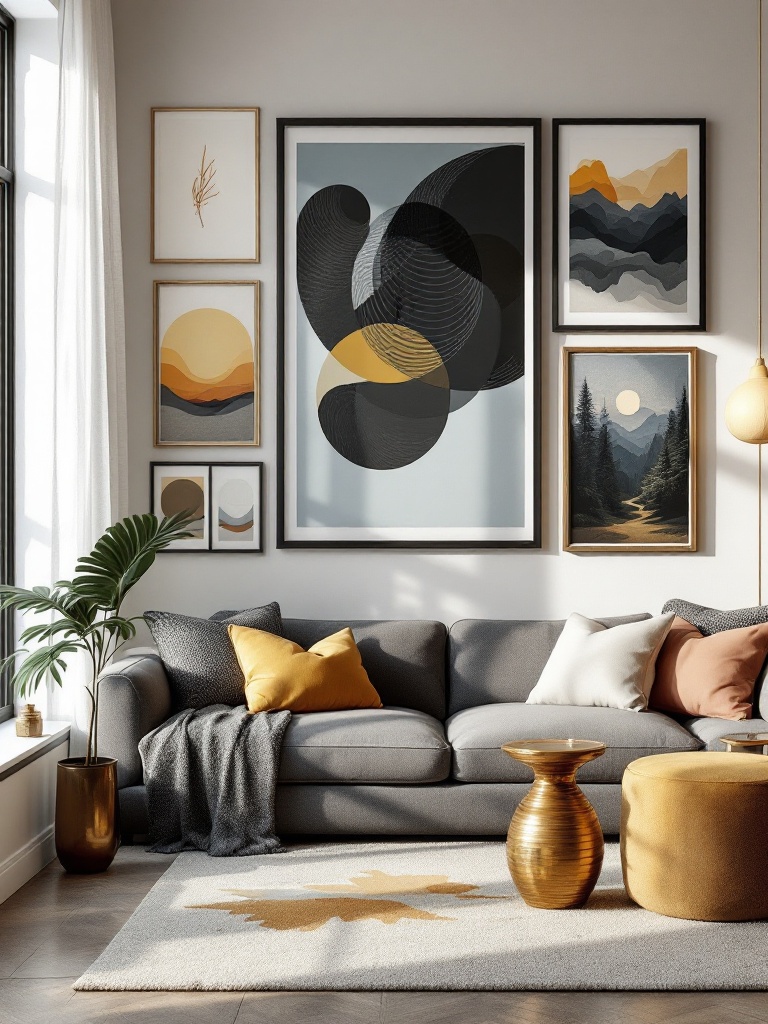 A stylish apartment featuring a gallery wall with diverse art pieces, showcasing personality and taste.