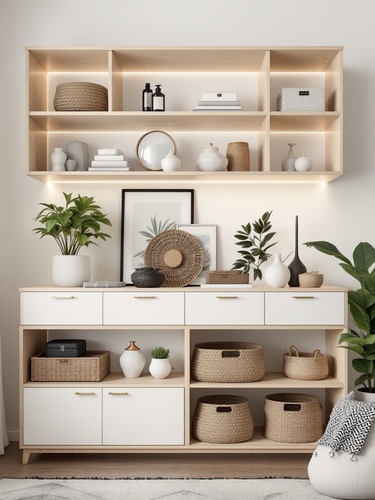 Stylish storage solutions in an apartment, featuring decorative baskets and cabinets for organized living.