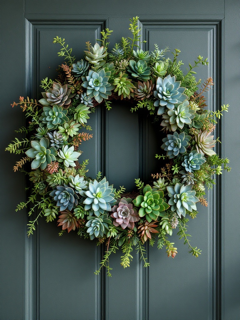 A modern succulent wreath featuring various species, showcasing unique shapes and colors for decor.