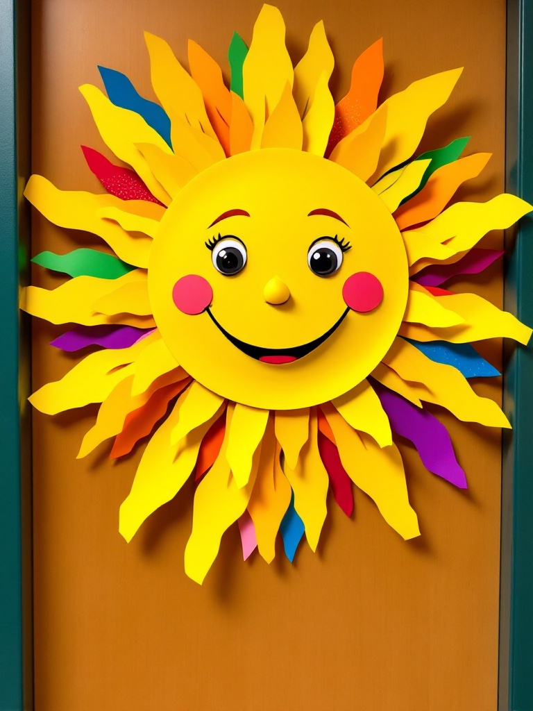 Cheerful yellow sun with a friendly face, surrounded by colorful rays, brightening up a door.
