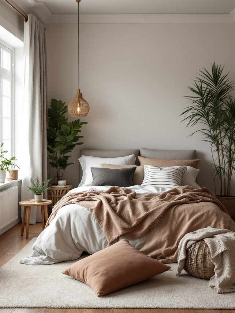 Stylish bedroom with mixed textures like velvet, linen, and leather for a warm, inviting decor.