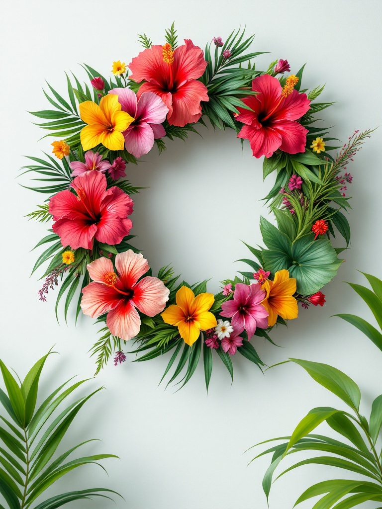 Tropical floral wreath with hibiscus, bird of paradise, and palm leaves, evoking summer vibes.