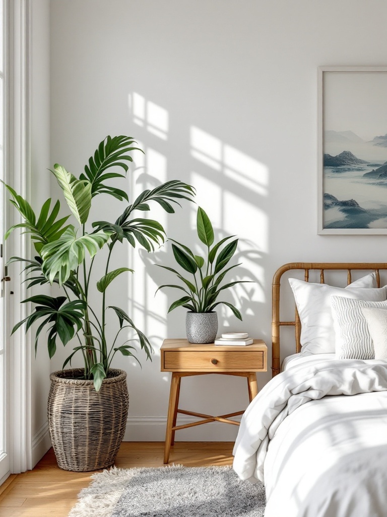 Potted tropical plants in a beach bedroom with decorative ceramic and wooden pots enhancing decor.