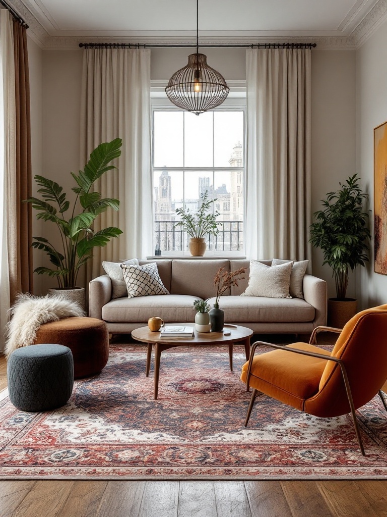 A cozy apartment with a stylish area rug that enhances room design, warmth, and elegance in decor.