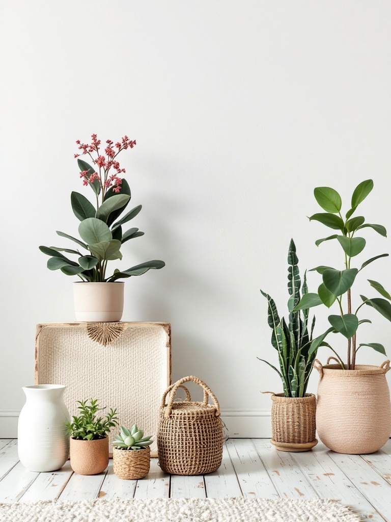 Upcycled decor showcasing old wood shelves, repainted furniture, and planters made from recyclable containers.
