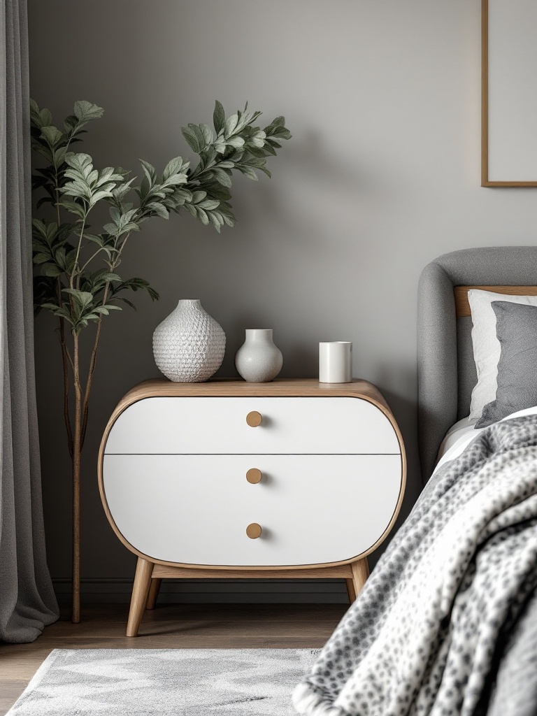 Stylish nightstands with unique shapes and finishes, offering built-in storage for functional bedroom decor.