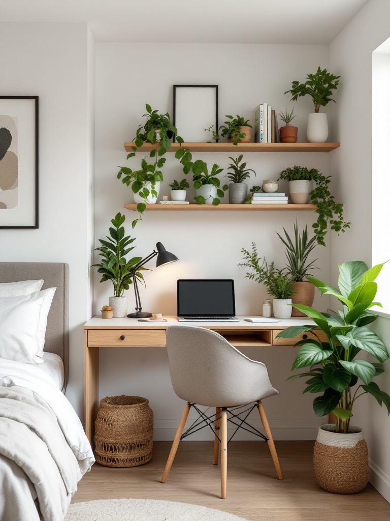 A cozy corner workstation with shelves for plants and books, maximizing space in an elegant bedroom.