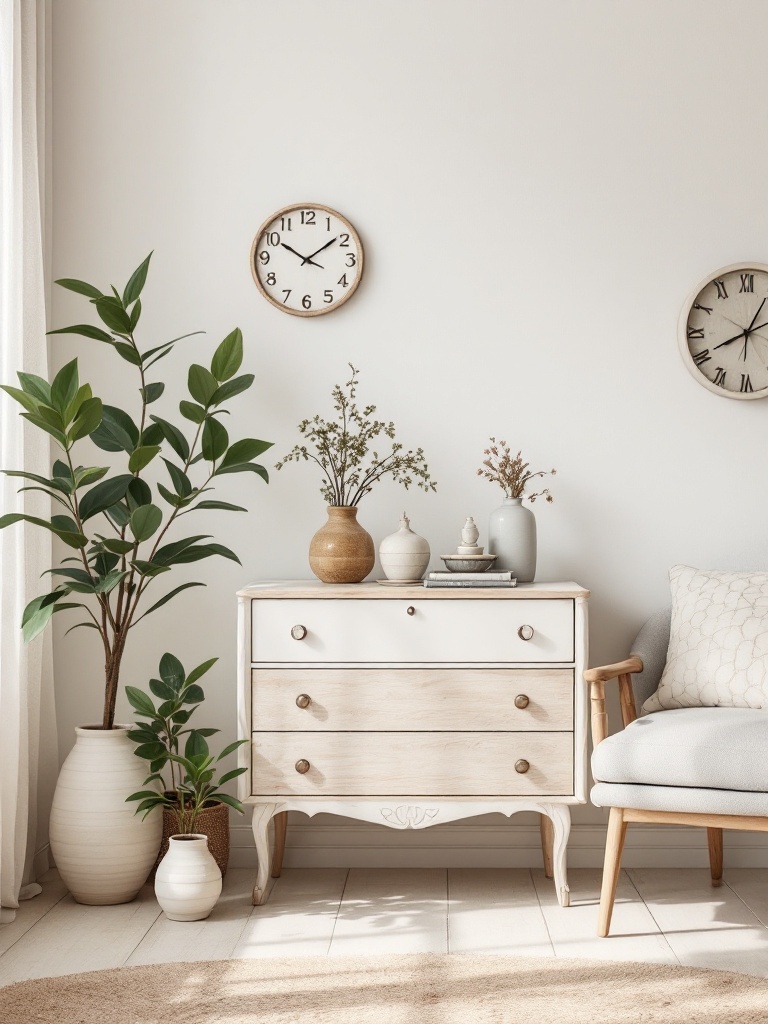 A cozy spring decor scene featuring vintage accents like antique vases and retro furniture.
