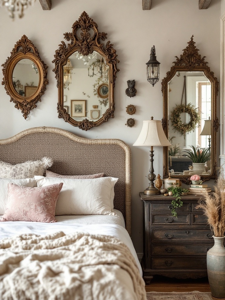 Cozy bedroom featuring vintage accents like an ornate mirror, antique lamp, and warm textiles.