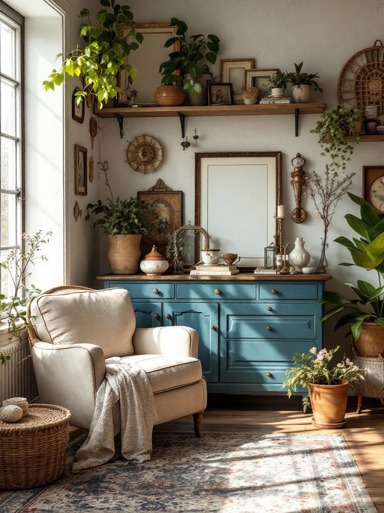 Vintage decor items like planters and picture frames enhancing spring home aesthetics with charm.