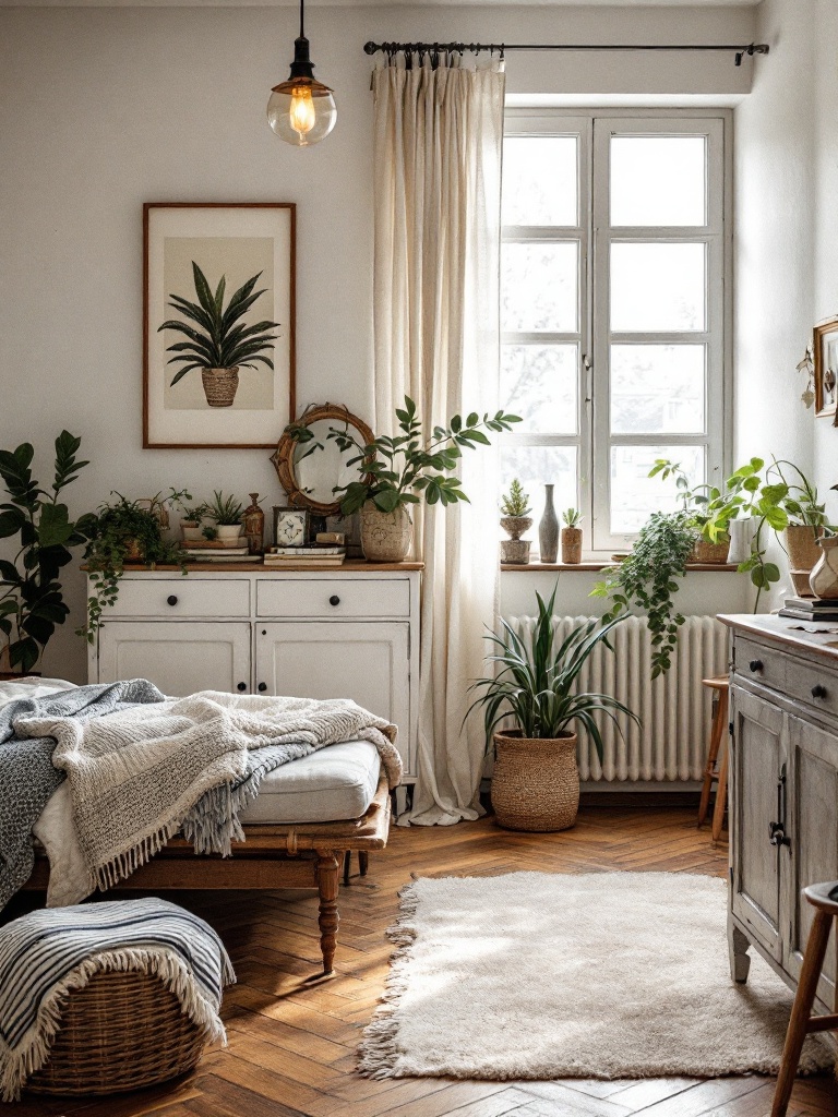 Vintage bedroom decor with unique pieces from flea markets, showcasing charm and historical depth.