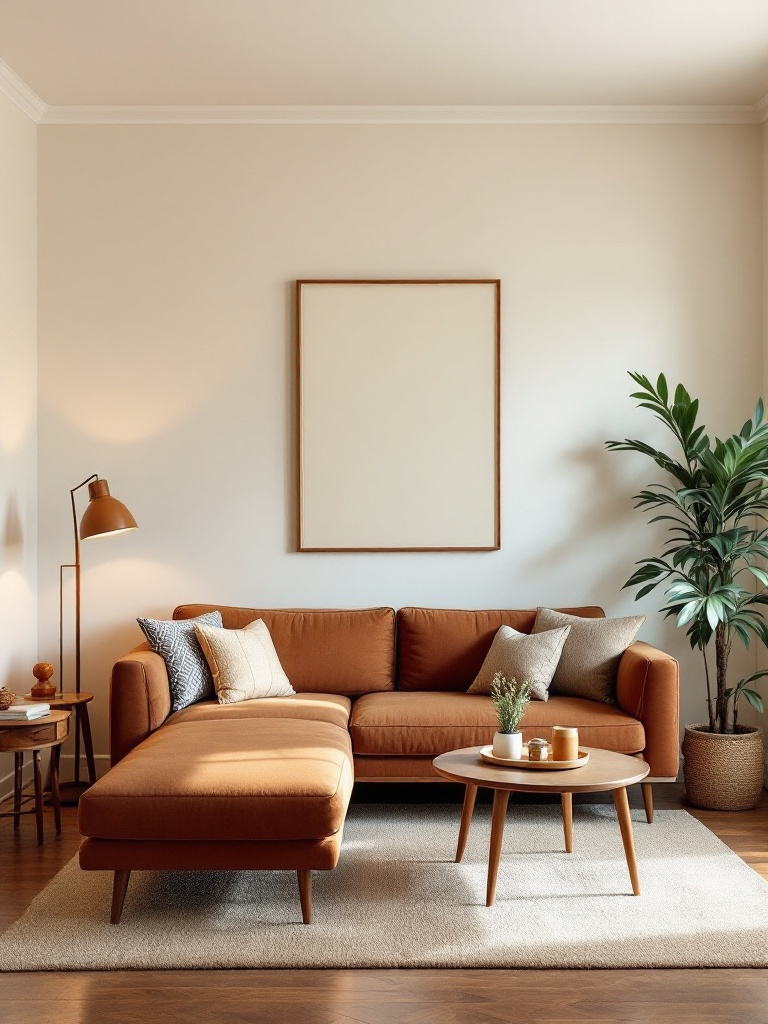 Vintage-style sectional sofa in a cozy living room with antique coffee table and mid-century modern lamps.
