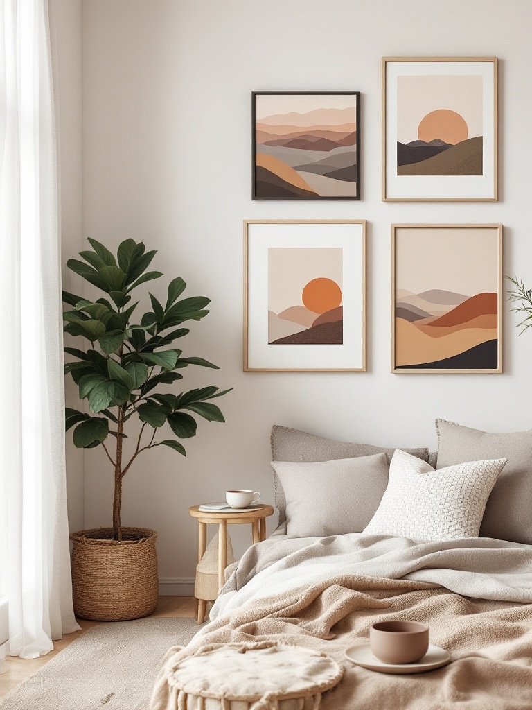 Cozy bedroom wall art featuring warm colors, peaceful landscapes, and inspirational quotes.