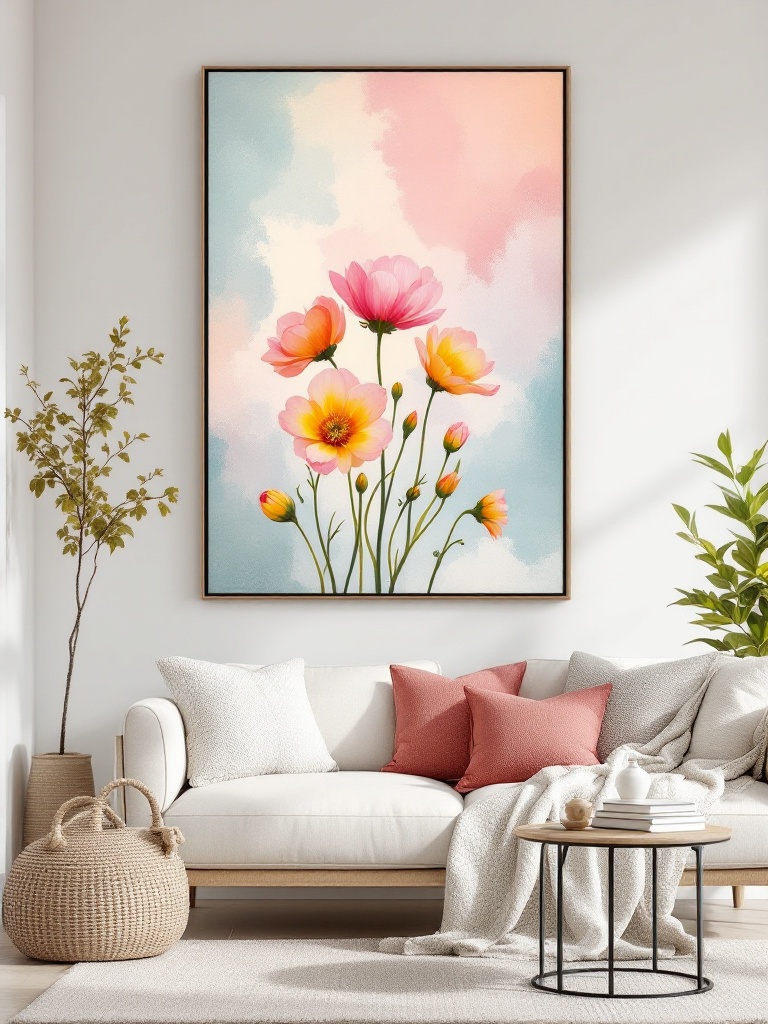 Spring-themed wall art with flowers and pastel colors, enhancing home decor for a fresh, vibrant look.