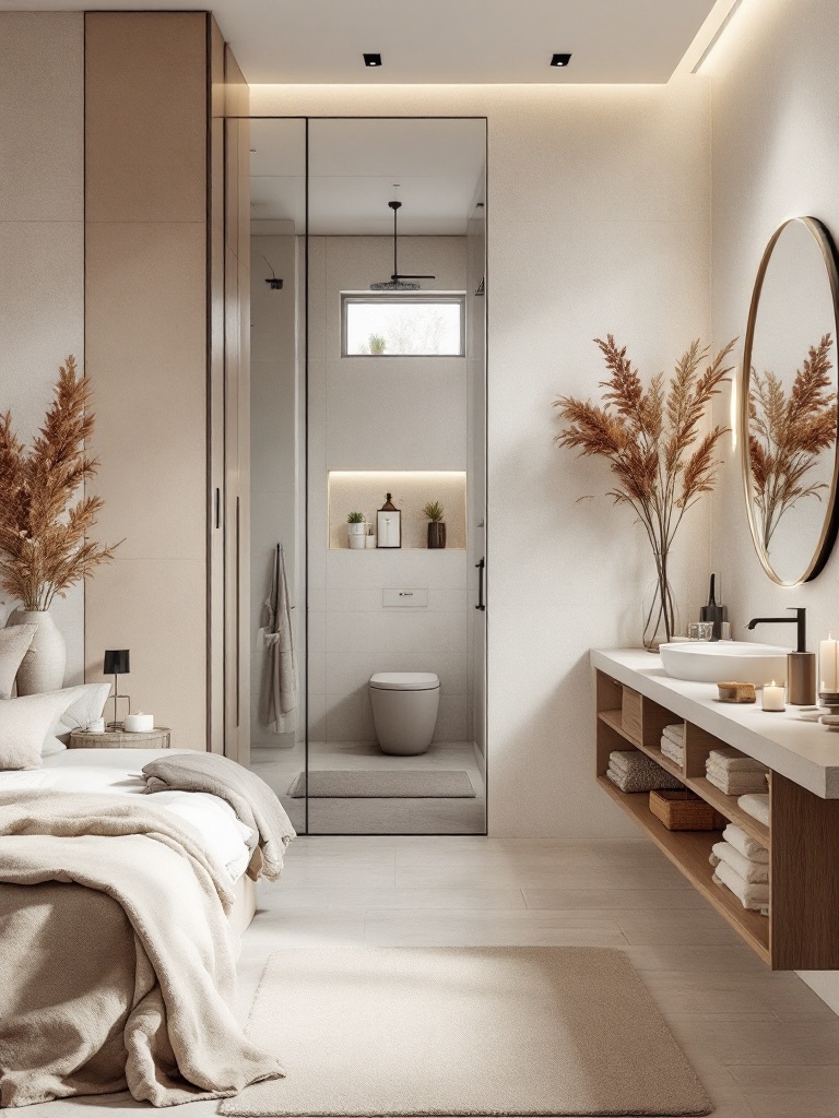 Warm and inviting bathroom decor with soft towels, warm lighting, and fragrant candles for comfort.