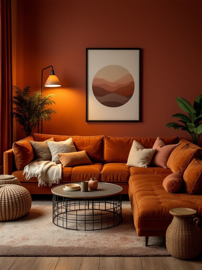 Cozy sectional living room in warm colors of deep reds and browns, paired with wooden furniture.