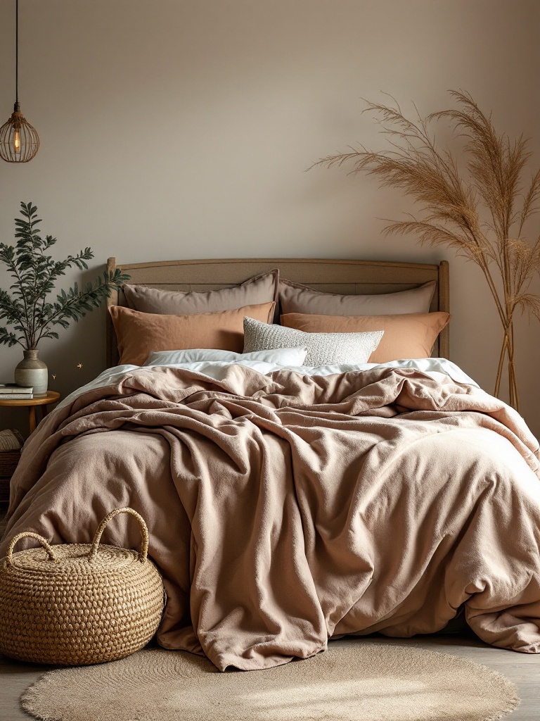 Cozy bedroom with warm bedding in inviting colors and patterns, featuring an oversized comforter.