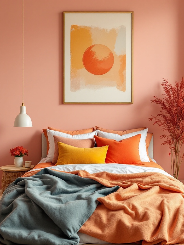 A cozy bedroom decorated with warm colors like red, orange, and yellow for an inviting atmosphere.