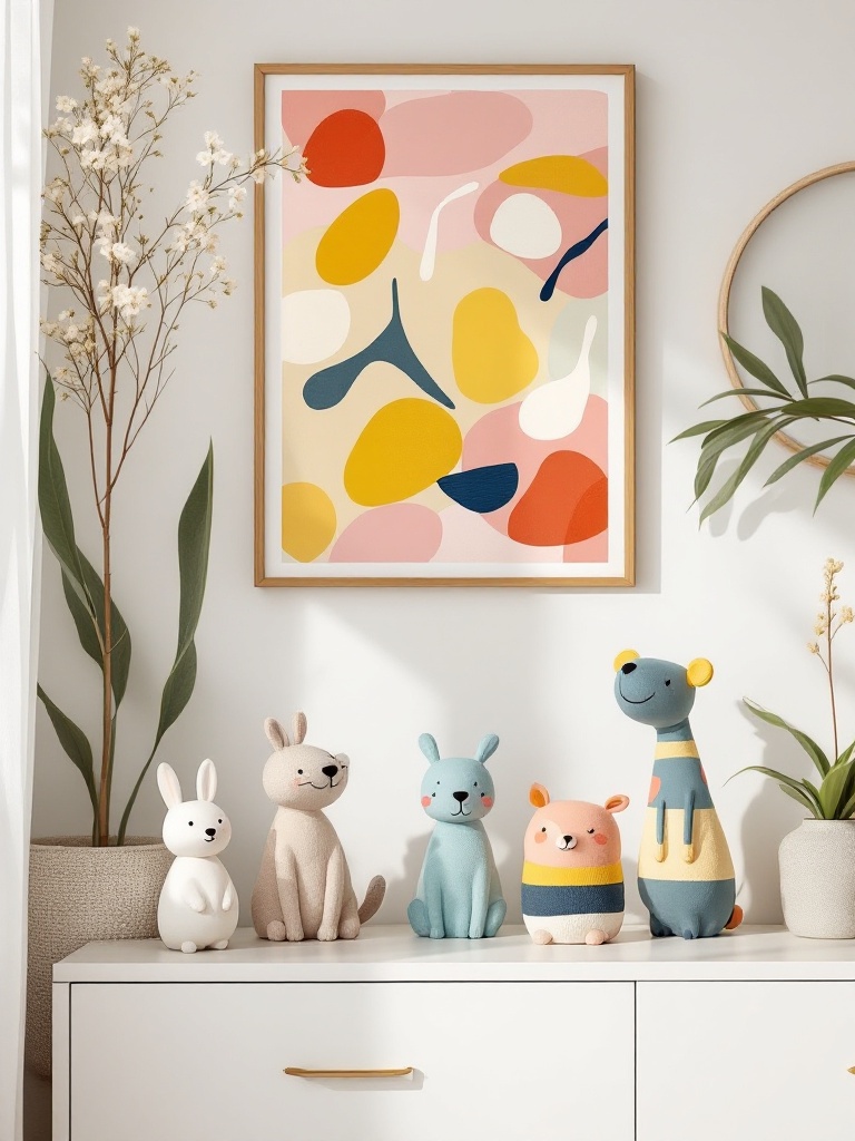 Whimsical spring decorations with colorful art, playful sculptures, and quirky animal figurines.